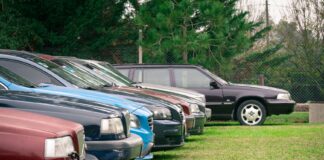 Samochody, w tym Honda Civic, zaparkowane na trawiastym polu na wsi